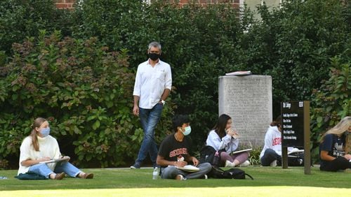 Class is taking place outdoor in the University of Georgia campus in Athens shortly after the start of the fall 2020 semester. (Hyosub Shin / Hyosub.Shin@ajc.com)
