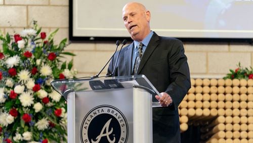 Braves Manager Brian Snitker speaks during Tuesday's memorial service for Hank Aaron at Truist Park. Photo by Kevin D. Liles/Atlanta Braves