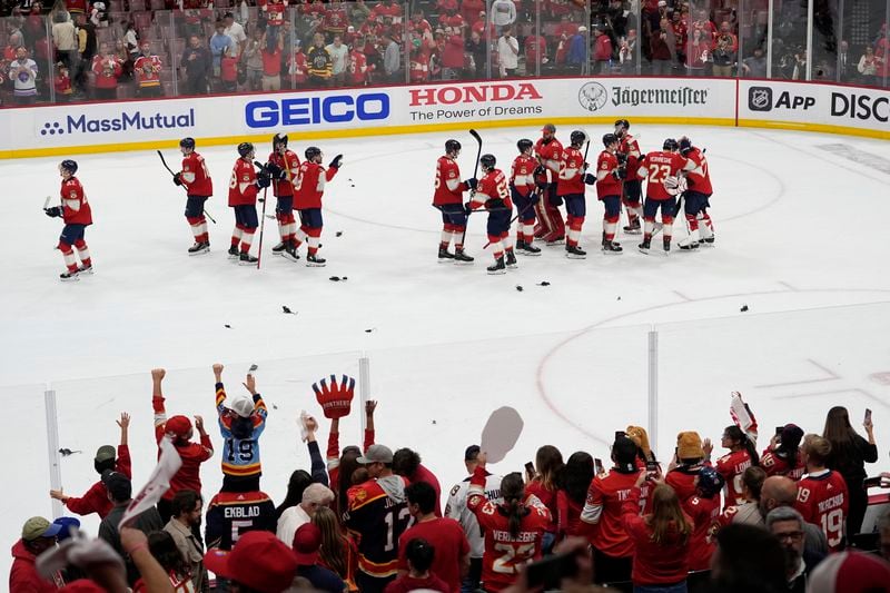 Florida Panthers celebrate after defeating the Boston Bruins in Game 2 of a second-round series of the NHL hockey Stanley Cup playoffs Wednesday, May 8, 2024, in Sunrise, Fla. (AP Photo/Lynne Sladky)