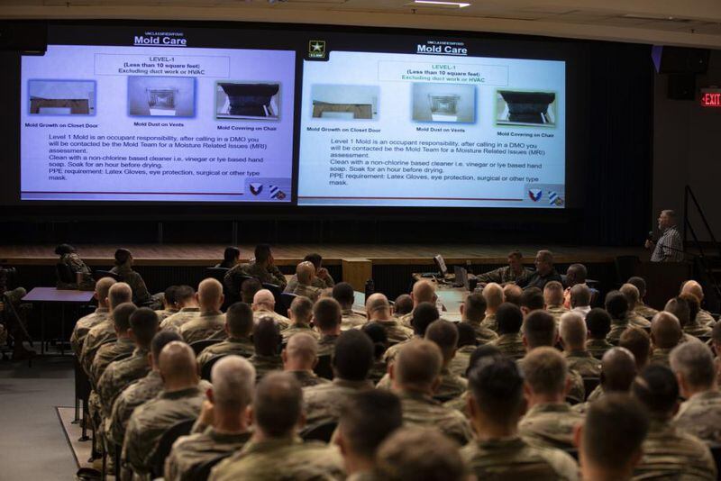 Soldiers assigned to the 3rd Infantry Division attend leadership professional development training at Moon Theater on Fort Stewart, Georgia, Sep. 12, 2022. Hundreds of noncommissioned officers gathered at Fort Stewart’s post theater to hear first-hand from the division command sergeant major about the importance of leader checks in combating mold and taking care of Soldiers.