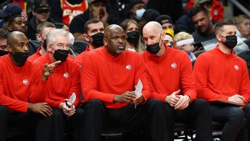 Hawks coach Nate McMillan and his assistant coaches helped lead the team to a 129-121 victory over the Los Angeles Lakers on Jan. 30 in Atlanta. With the trade deadline approaching at 3 p.m. Thursday, the Hawks are still listening and having conversations on potential trade scenarios, but it’s also likely they could choose not to make another move. (Curtis Compton / Curtis.Compton@ajc.com)