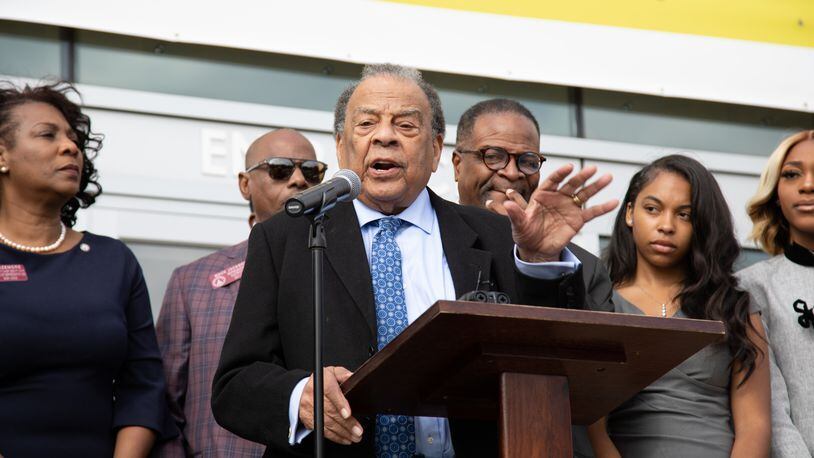 Former Atlanta Mayor Andrew Young, along with Clark Atlanta University President George T. French Jr. (to his left), announce the creation of the Andrew Young HBCU Scholarship Program.