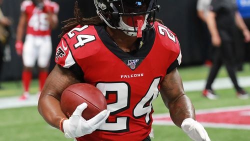 Falcons running back Devonta Freeman gets in some work before the team plays the New York Jets in a NFL preseason football game on Thursday, August 15, 2019, in Atlanta.   Curtis Compton/ccompton@ajc.com