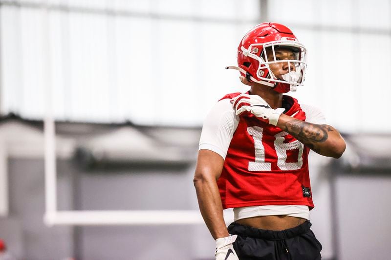 Georgia wide receiver Demetris Robertson (16) during the Bulldogs’ first practice session of the spring Tuesday, March 16, 2021, in Athens. (Tony Walsh/UGA)