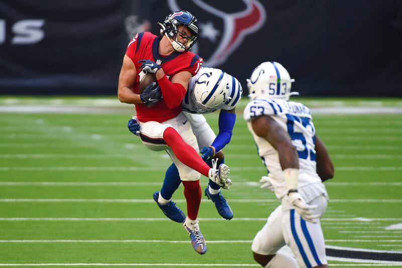 Receiver Chad Hansen (17), shown when he played for the Texans, is one of three receivers the Falcons have under contract for the 2022 season. Frank Darby and Austin Trammell are the others. (AP Photo/Eric Christian Smith)