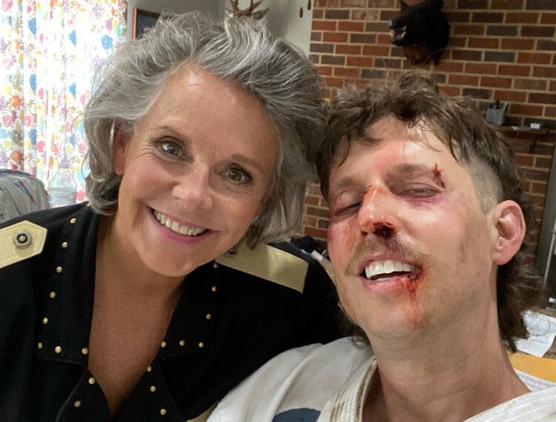 Amanda Bearse and Jon Heder, clown around in between takes while filming the new oddball comedy "Tapawingo" this summer.