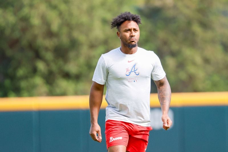 Atlanta Braves second baseman Ozzie Albies was seen doing physical work moments before the game between the Atlanta Braves and Texas Rangers at Truist Park on Sunday, April 21, 2024.  Albies was put on the injury list after he fractured a big toe in his right foot. (Miguel Martinez/ AJC)