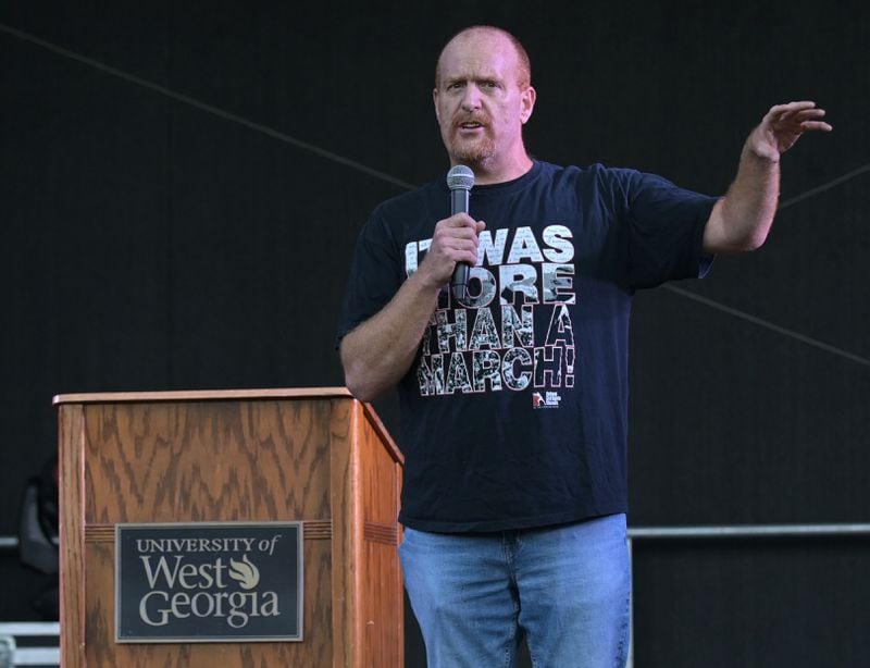 University of West Georgia professor Michael Hesters speaks to participants of the second annual “We Stand Together”, a diversity and inclusion march held on the campus of the University of West Georgia Thursday, Oct. 21, 2021 in Carrolton.  The event is sponsored by the Student Athletic Advisory Counsel and the NCAA Diversity and Inclusion Week social media campaign.  (Daniel Varnado/ For the Atlanta Journal-Constitution)