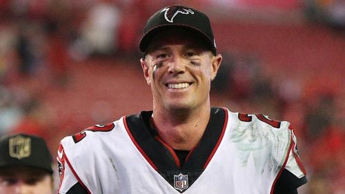 December 18, 2017 Tampa: Falcons quarterback Matt Ryan is smiling while jogging off the field with a 24-21 victory over the Buccaneers in a NFL football game on Monday, December 18, 2017, in Tampa.  Curtis Compton/ccompton@ajc.com