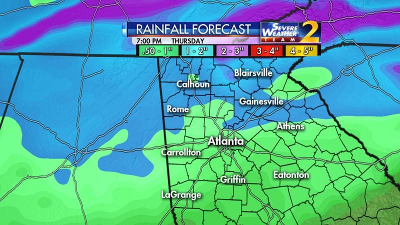 Metro Atlanta could get an additional inch of rain Thursday night. (Credit: Channel 2 Action News)