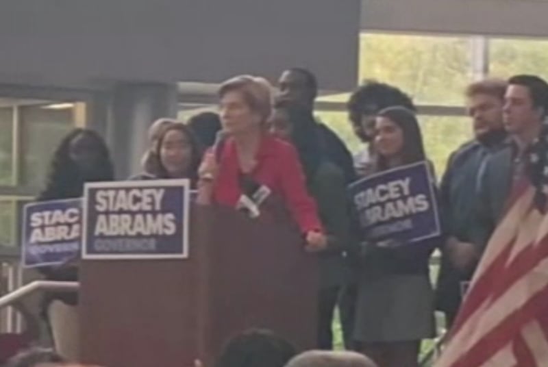 This is a screenshot of video taken by Channel 2 Action News of U.S. Senator Elizabeth Warren at a rally for Stacey Abrams at Clayton State University on Oct. 9.