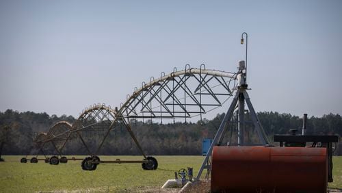 BROOKLET, GA - FEBRUARY 21, 2024: One of Ray Davis' wells  and pivots that irrigate part of his 1,100 acres stand idle for the winter, Feb. 21, 2024, Brooklet, Georgia. Davis is concerned that a  plan to pump groundwater to supply Hyundai's Metaplant EV factory will compromise local freshwater wells, and saddle taxpayers with higher water rates to pay for the project. (AJC Photo/Stephen B. Morton)