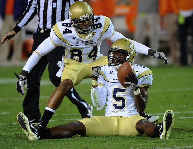 Georgia Tech and wide receiver Stephen Hill (No. 5) upset No. 5 Clemson by a 31-17 score on October 29, 2011 at Bobby Dodd Stadium. <cq> Johnny Crawford jcrawford@ajc.com.