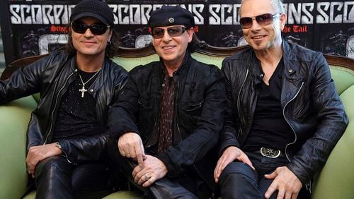 Members of the legendary German heavy metal band the Scorpions. From left to right, Matthias Jabs, Klaus Meine and Rudolf Schenker pose during a press conference at Hotel Bayerischer Hof on March 8, 2010 in Munich, Germany.