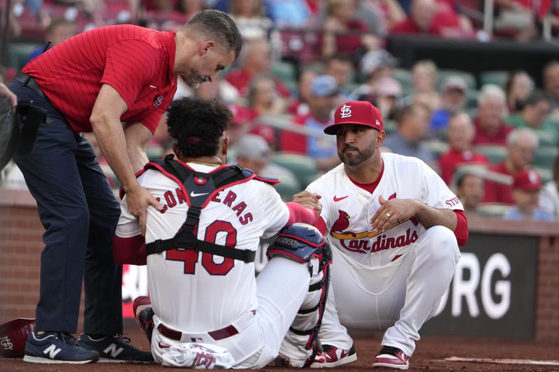 St. Louis Cardinals catcher Willson Contreras (40) is helped up by manager Oliver Marmol, right, and trainer Adam Olsen, left, after being injured during the second inning of a baseball game against the New York Mets Tuesday, May 7, 2024, in St. Louis. Contreras left the game. (AP Photo/Jeff Roberson)