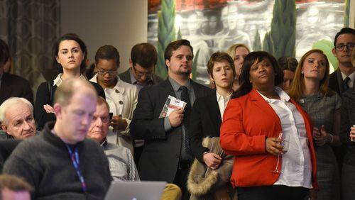 A crowd listens to panelists speak about Georgia's "religious liberty" bill last month. AJC file