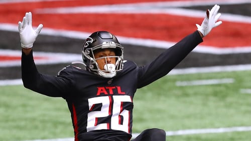 Falcons cornerback Isaiah Oliver in an NFL game Sunday, Sept. 27, 2020 in Atlanta.  Curtis Compton / Curtis.Compton@ajc.com