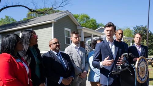 Senator Jon Ossoff announces a 2 million dollar investment in Habitat for Humanity's local initiatives in south Atlanta on  Friday, April 12, 2024. (Olivia Bowdoin for the AJC). 