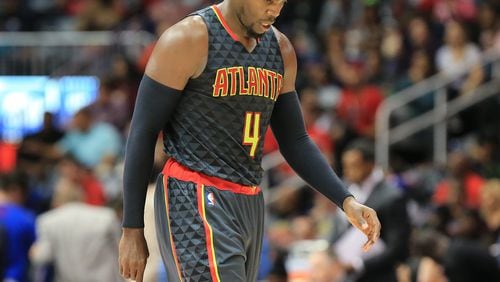 102715 ATLANTA: -- Hawks Paul Millsap walks off the court falling 106-94 to the Pistons in their first regular season basketball game "home opener" on Tuesday, Oct. 27, 2015, in Atlanta. Curtis Compton / ccompton@ajc.com