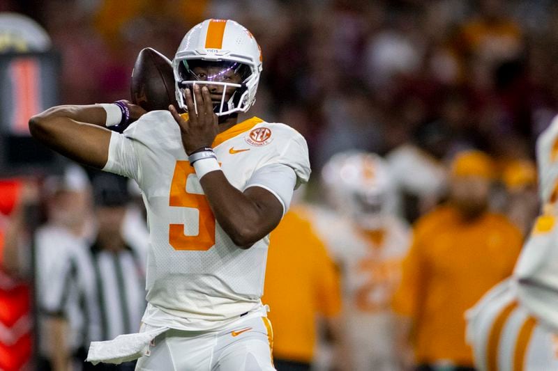 Tennessee quarterback Hendon Hooker throws a pass against Alabama during the first half of an NCAA college football game Saturday, Oct. 23, 2021, in Tuscaloosa, Ala. (AP Photo/Vasha Hunt)