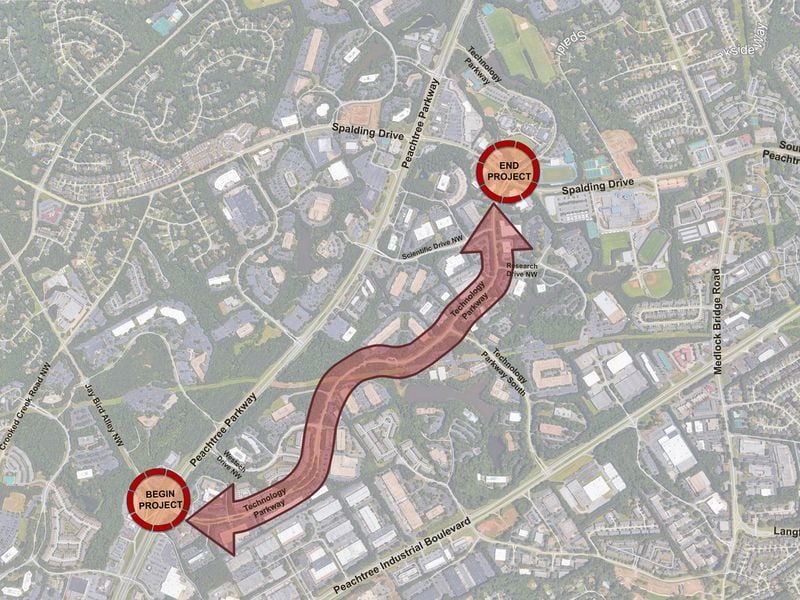 The city of Peachtree Corners revealed Wednesday its plans to create a $2 million autonomous vehicle test track on Technology Parkway. Officials hope it will serve as an economic development tool. (Credit: City of Peachtree Corners)