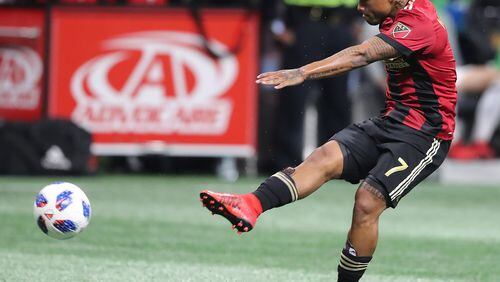 Atlanta United forward Josef Martinez takes a shot at the goal against D.C. United in a MLS soccer match on Sunday, March 11, 2018, in Atlanta.    Curtis Compton/ccompton@ajc.com