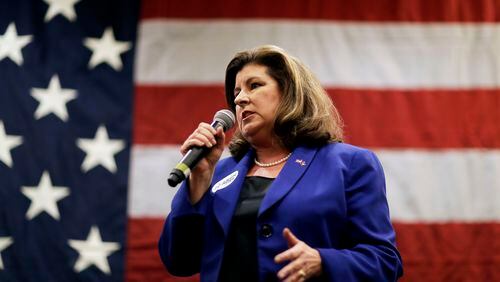 Republican candidate for 6th congressional district Karen Handel speaks at a campaign event where she was joined by House Speaker Paul Ryan in Dunwoody, Ga., Monday, May 15, 2017. (AP Photo/David Goldman)