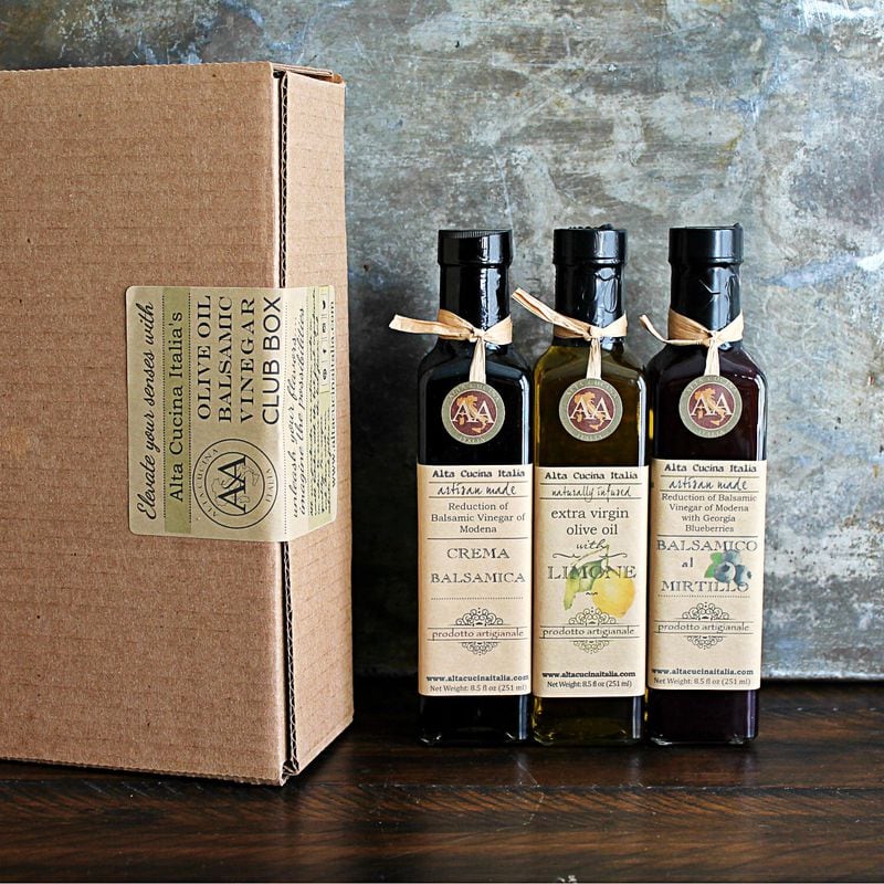 The newest offering from Alta Cucina Italia is a box with three bottles of olive oil, vinegar or a mix, and easy-to-follow recipes, cooking tips and suggestions for pairings. Courtesy of Alta Cucina Italia