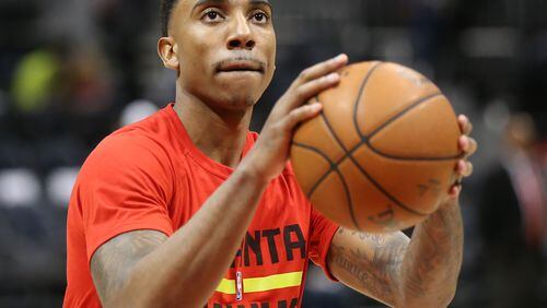 042616 ATLANTA: Hawks guard Jeff Teague prepares to play the Celtics in Game 5 of an NBA basketball first-round playoff series at Philips Arena on Tuesday, April 26, 2016, in Atlanta. Curtis Compton / ccompton@ajc.com