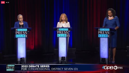 U.S. Rep. Carolyn Bordeaux (left), U.S. Rep. Lucy McBath (center) and state Rep. Donna Mcleod (right) are seeking the Democratic nomination in Georgia's 7th Congressional District