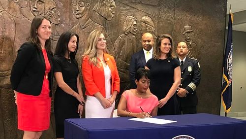 Mayor Keisha Lance Bottoms on Thursday signed an executive order directing that all remaining U.S. Immigration and Customs Enforcement detainees be transferred out of the city’s jail and declaring the jail will no longer hold people for the federal agency. JEREMY REDMON/jredmon@ajc.com