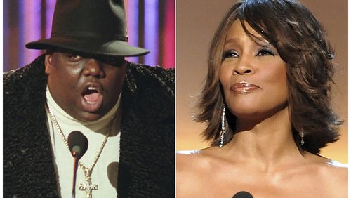 This combination photo shows Notorious B.I.G., who won rap artist and rap single of the year, during the annual Billboard Music Awards in New York on Dec. 6, 1995, left, and singer Whitney Houston at the BET Honors in Washington on Jan. 17, 2009. The pair will be inducted into the Rock and Roll Hall of Fame's 2020 class. (AP Photo)