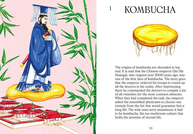More than 30 recipes are vibrantly illustrated in Fizz, including this one of a Chinese emperor riding on a scoby.