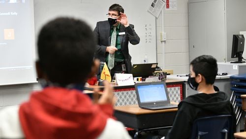 November 18, 2020 Lawrenceville - Virin Vedder, coordinator of Dual Language Immersion program, speaks to students during 6th grade dual language class at Sweetwater Middle School in Lawrenceville on Wednesday, November 18, 2020. (Hyosub Shin / Hyosub.Shin@ajc.com)