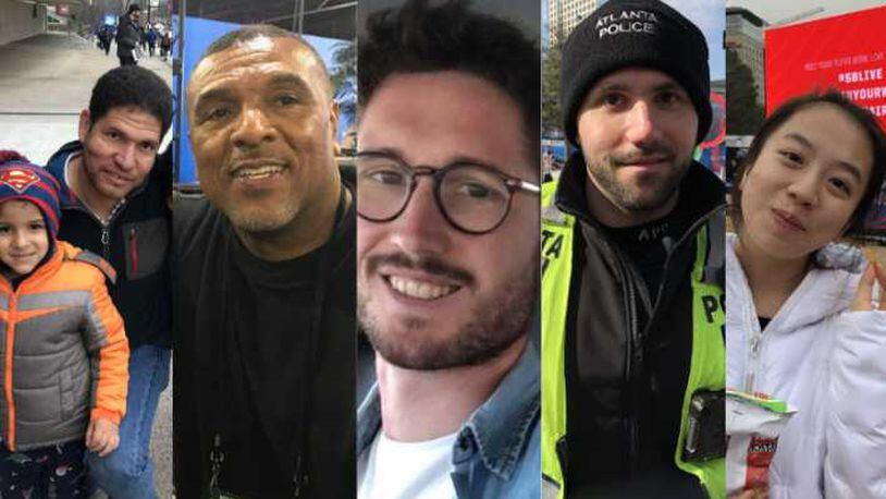 These are Tuesday's five faces in a Super Bowl crowd of thousands, left to right: Carlos Serrano with one of his sons, Tracy Oden, Anthony Mautret, Atlanta Police Officer Matt Mason and Yulin Guo.