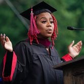 Pinky Cole delivers the commencement address during Clark Atlanta University’s 33rd Commencement exercises at Panther Stadium on Saturday, May 14, 2022, in Atlanta. (Elijah Nouvelage for The Atlanta Journal-Constitution)