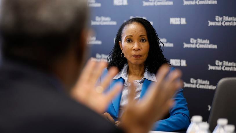 Spelman College President Dr. Helene Gayle listens to Atlanta Journal-Constitution Opinion Editor Andre Jackson during a meeting with AJC reporters and editors on Wednesday, March 8, 2023. (Miguel Martinez /miguel.martinezjimenez@ajc.com)