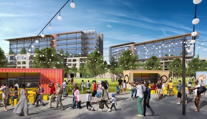 A rendering shows retail, food and common areas at the proposed Quarry Yards development near the future Westside Park at Bellwood Quarry in Atlanta.