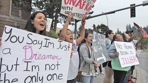Students and supporters gather Tuesday in Washington State to protest President Donald Trump’s decision to end the Deferred Action for Childhood Arrivals (DACA) program. (Scott Terrell/Skagit Valley Herald via AP)