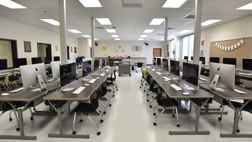 July 19, 2018 Norcross - Interior of Graphic Arts classroom at Paul Duke STEM High School on Thursday, July 19, 2018. Gwinnett County is opening Paul Duke STEM High School this year. The state of the art facility is an example how the price of new school construction is climbing rapidly. Technology and Pathways to Career and College programs are making it necessary to include expensive infrastructure in modern schools. Proponents say it's necessary for students to compete in the job fields where everything requires some level of computer proficiency. HYOSUB SHIN / HSHIN@AJC.COM