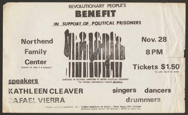 Flyer for benefit for the National Committee to Defend Political Prisoners where Kathleen Cleaver, an early member of the Black Panther Party for Self Defense, was a featured speaker. Courtesy of Kathleen Cleaver