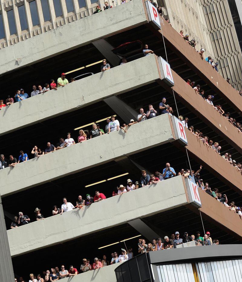 Spectators fill the parking garages in downtown Atlanta, jockeying for the best view of the annual Dragon Con parade.