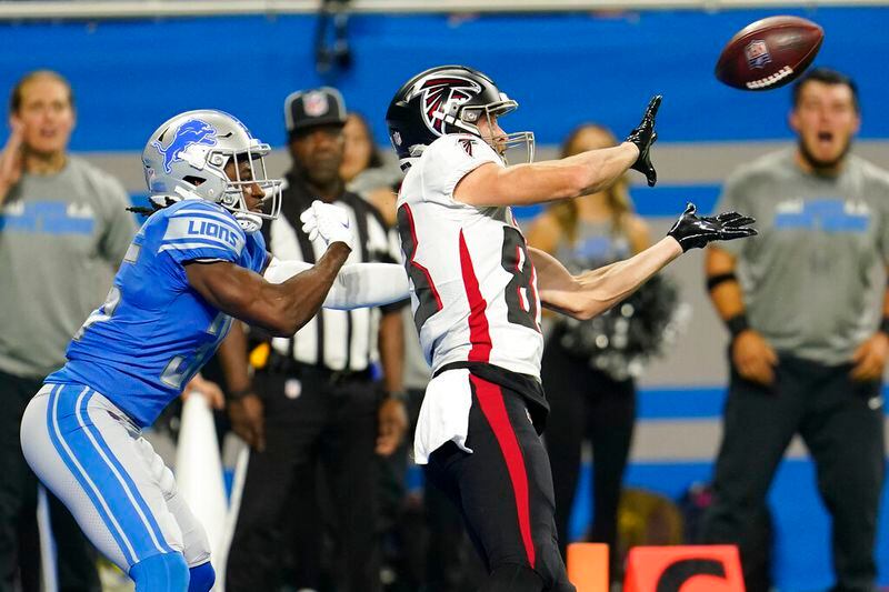 Atlanta Falcons wide receiver Jared Bernhardt catches a 21-yard pass for a touchdown during the second half of a preseason NFL football game against the Detroit Lions, Friday, Aug. 12, 2022, in Detroit. (AP Photo/Paul Sancya)