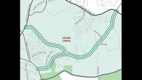 Map depicts the study area for the Bell/Boles TSPLOST project in Johns Creek. The City Council has approved a $190,000 task order to begin planning a roundabout at Bell Road and the entrance to Cauley Creek Park. CITY OF JOHNS CREEK