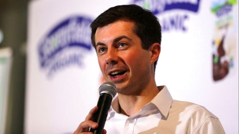   Democratic presidential candidate South Bend Mayor Pete Buttigieg during a campaign stop at a dairy company in Londonderry, N.H., Friday, April 19, 2019. 