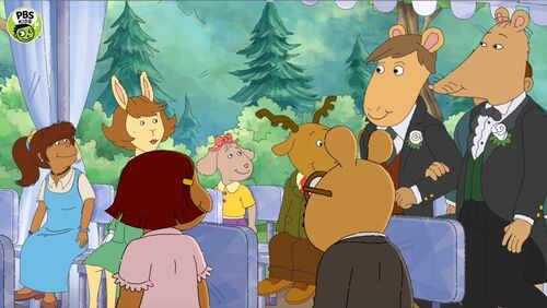 Arthur's teacher, Mr. Ratburn, marries chocolatier Patrick in "Mr. Ratburn & The Special Someone," the 22nd season premiere of the PBS Kids show "Arthur." (Courtesy of 2019 WGBH & PBS KIDS)