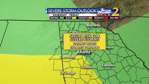 There is a slight risk of severe storms Thursday and Friday southwest of Atlanta. (Credit: Channel 2 Action News)