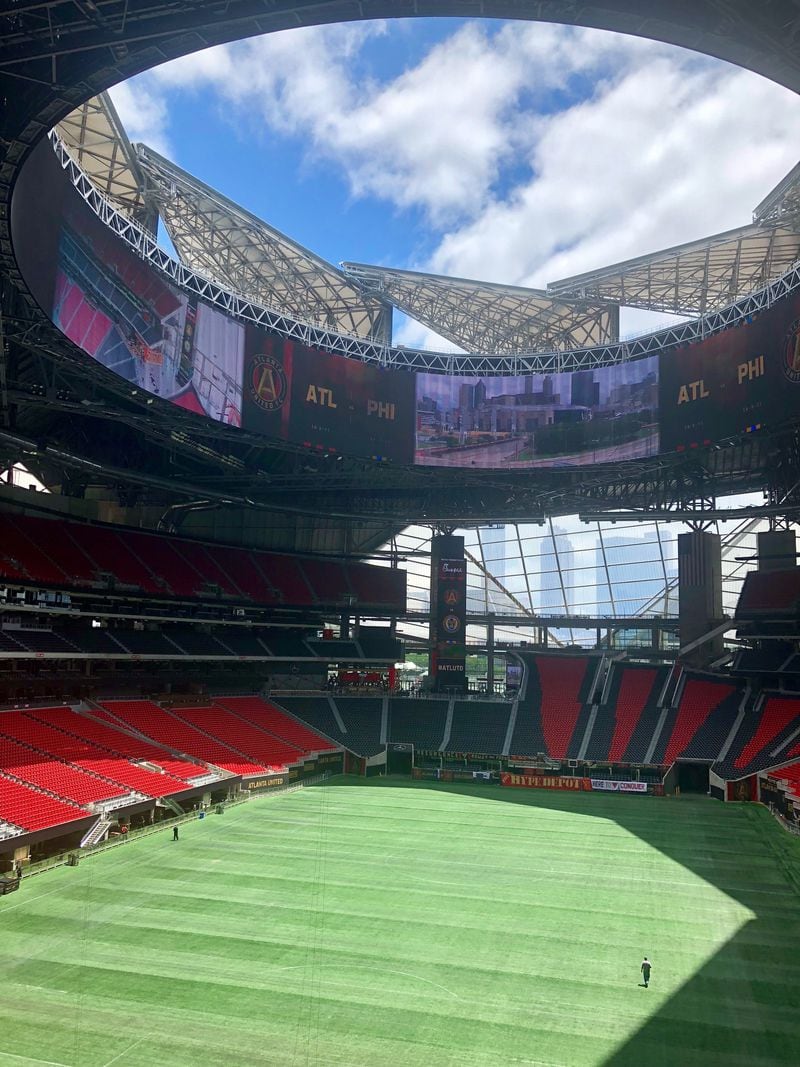 The retractable roof of Mercedes-Benz Stadium was opened late Tuesday morning.