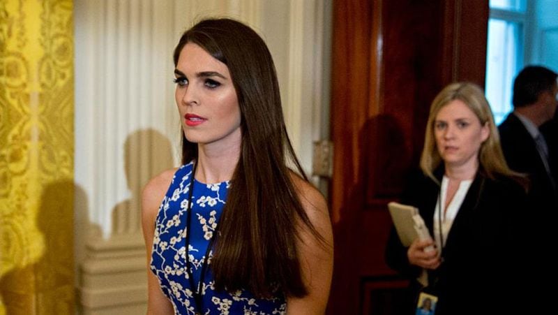WASHINGTON, DC - JANUARY 22: Hope Hicks, White House director of strategic communications, arrives to a swearing in ceremony of White House senior staff in the East Room of the White House on January 22, 2017 in Washington, DC. Trump today mocked protesters who gathered for large demonstrations across the U.S. and the world on Saturday to signal discontent with his leadership, but later offered a more conciliatory tone, saying he recognized such marches as a "hallmark of our democracy." (Photo by Andrew Harrer-Pool/Getty Images)