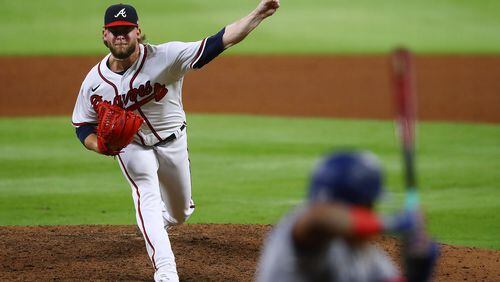 Braves pitcher A.J. Minter delivers against the Toronto Blue Jays during the ninth inning in a MLB baseball game on Wednesday, August 5, 2020 in Atlanta.    Curtis Compton ccompton@ajc.com